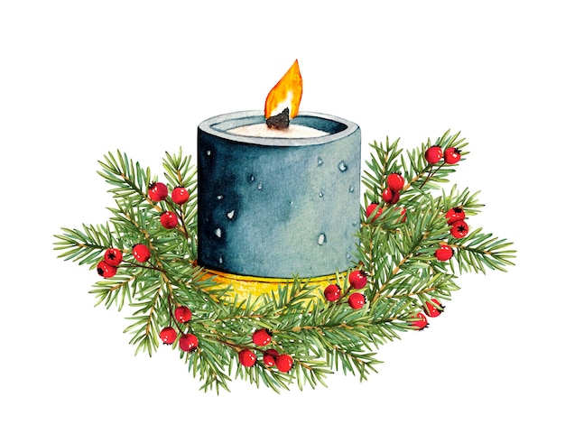 Vela con ramas de abeto Decoración navideña con vela y árbol de Navidad Aislado sobre un fondo blanco Ilustración en acuarela para diferentes impresiones Publicidad promociones diseños impresos