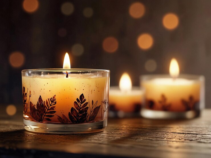 una vela en un recipiente de vidrio colocado contra un fondo navideño