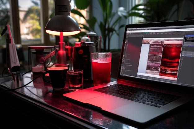 Foto una vela roja está encendida en un escritorio junto a una computadora portátil.