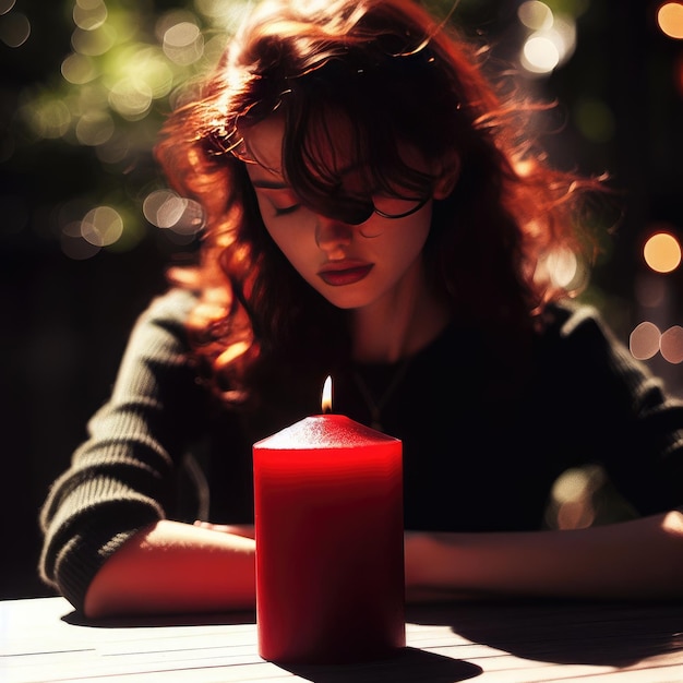 una vela roja encendida en un fondo de mesa de madera para proyectos de redes sociales