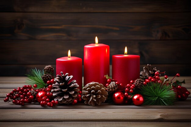 Vela roja en una mesa de madera con velas de Navidad