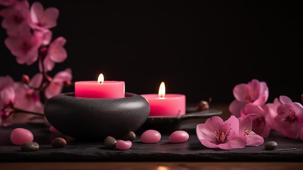 Una vela rosa y flores rosas están sobre una mesa con velas y flores rosas.