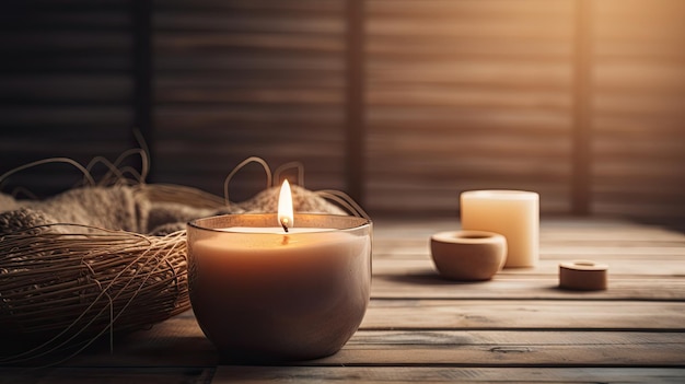 Una vela sobre una mesa de madera con una cesta de bambú.