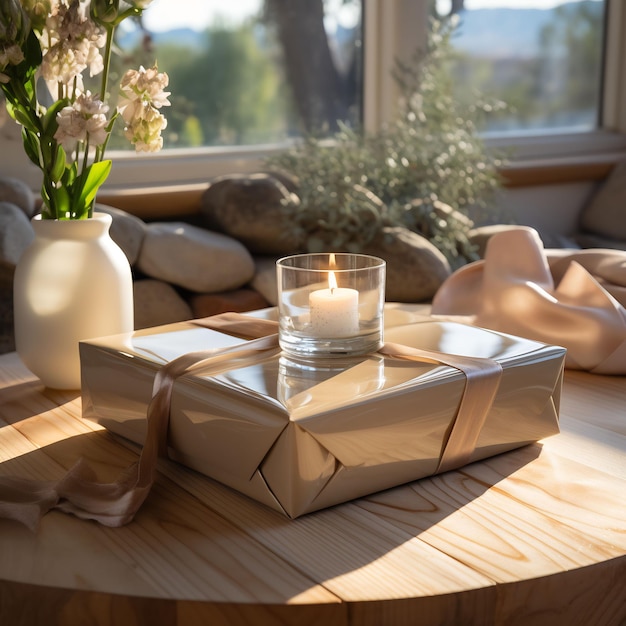 Una vela sobre una mesa con una vela en el medio.