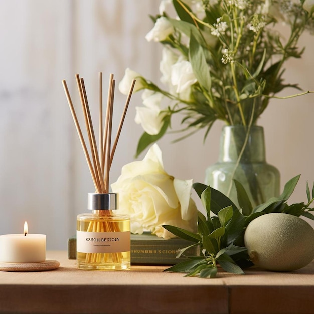 una vela sobre una mesa con velas y flores.