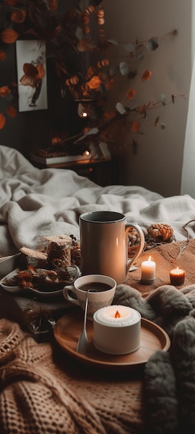 Una vela y una taza de café en una cama con una vela al fondo