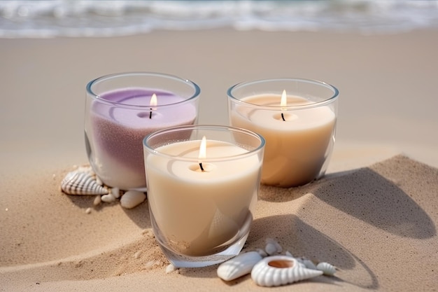 Vela en un vaso en la playa junto al mar IA generativa