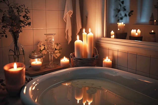 Velada romántica en el baño con velas y luz tenue creada con aire generativo