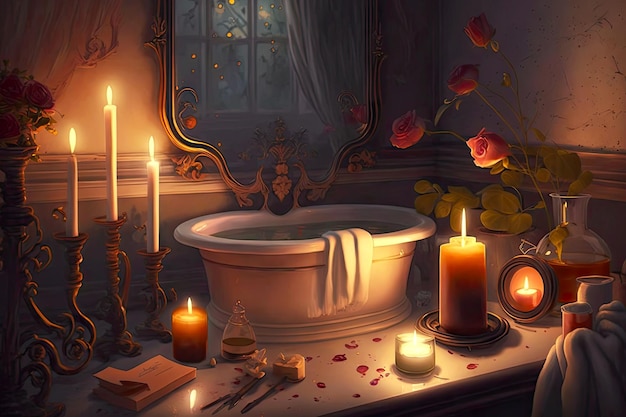 Una velada romántica en baño con velas y música suave creada con aire generativo