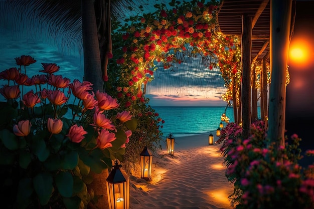 Velada romántica en el mirador junto al mar Puesta de sol linternas flores y velas Vacaciones románticas junto al mar Paisaje marino nocturno descanso AI