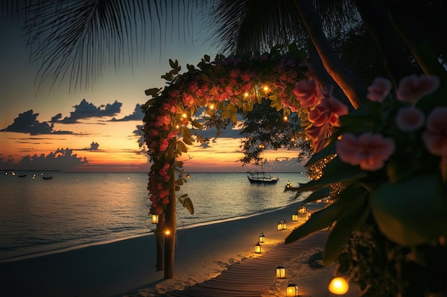 Velada romántica en el mirador junto al mar Puesta de sol linternas flores y velas Vacaciones románticas junto al mar Paisaje marino nocturno descanso AI