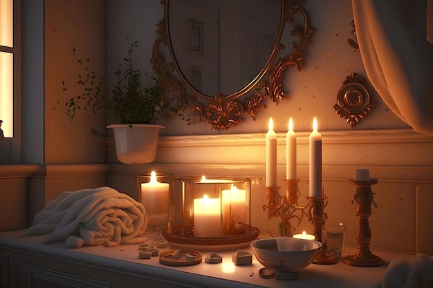 Velada romántica original con velas y sombras en el baño creada con ai generativo