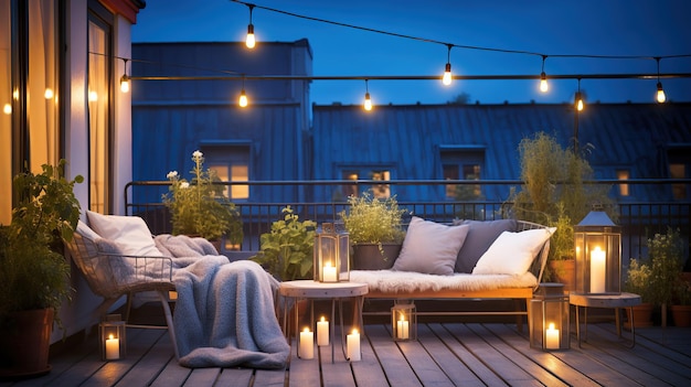 Una velada en la terraza de un balcón iluminada por luces exteriores y velas parpadeantes