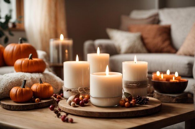 Velas acesas com decorações de outono na mesa da sala de estar