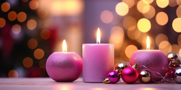 Velas de Adviento en la Iglesia símbolo de la fe católica con cuatro velas moradas y rosas y bokeh