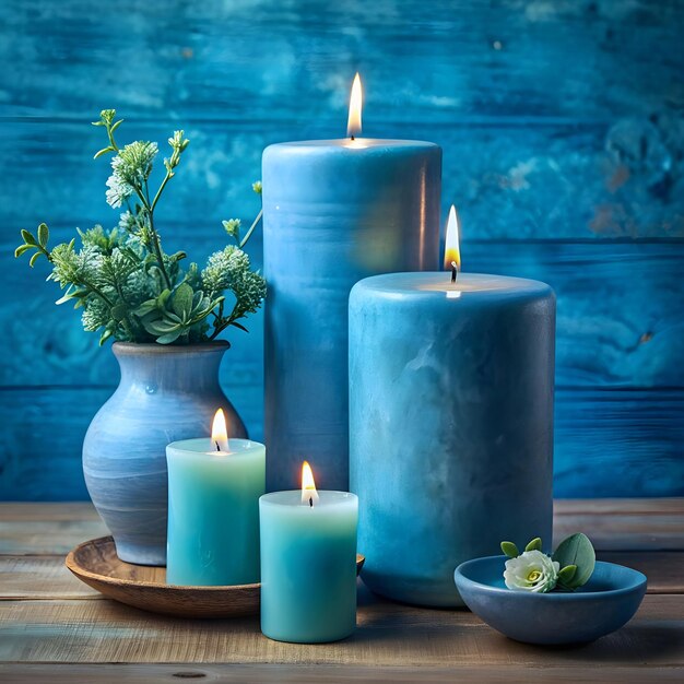 Foto velas aromáticas azules y jarrones de yeso