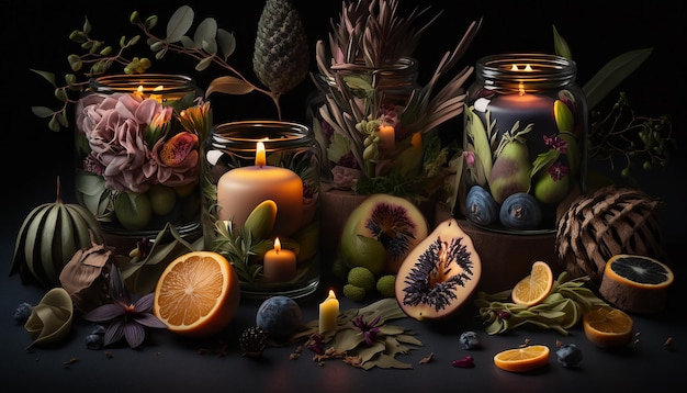 Velas aromáticas y frutas IA generativa