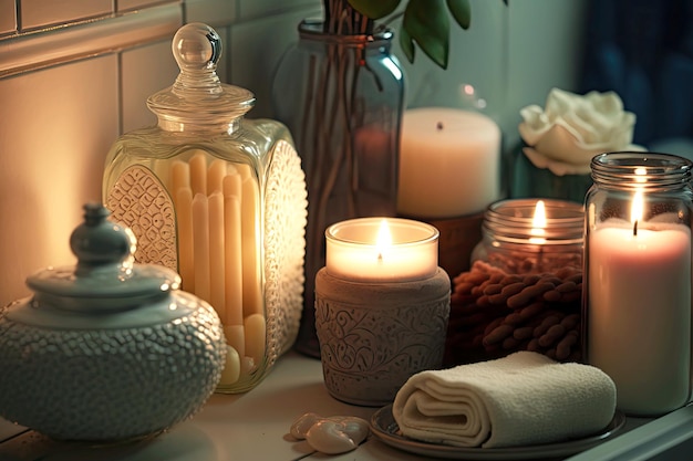 Velas aromáticas en el interior del baño a la luz de las velas entre los jabones de mano ai generativo
