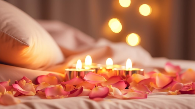 velas aromáticas no plano da cama e pétalas de rosa românticas