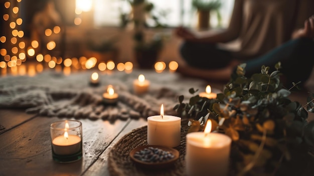 Velas aromáticas piscando ao lado de uma pessoa em uma postura meditativa enchendo a sala com o calmante