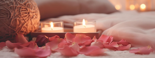 velas aromáticas en el plano de la cama y pétalos de rosa romántico