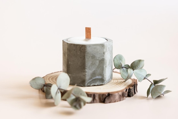Velas artesanais de parafina e cera de soja em castiçal de gesso concreto com pavio de madeira e ervas secas isoladas em fundo bege pastel Copie o espaço