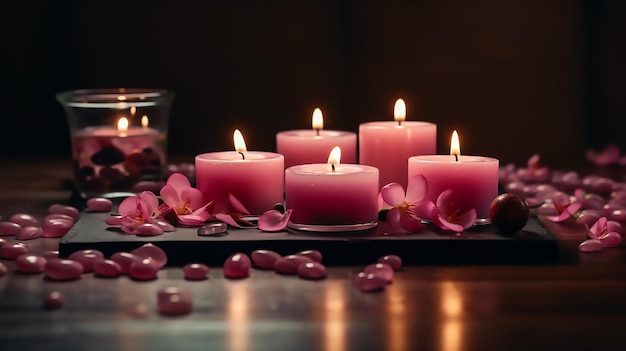 Velas en una bandeja con pétalos de rosa y pétalos de rosa.