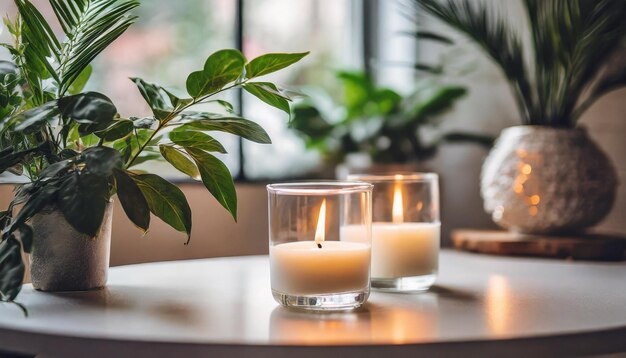 Foto velas blancas encendidas en vidrio en medio de plantas que evocan la calma
