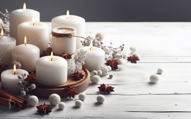 Foto velas blancas sobre un fondo de madera decorar la casa con velas y flores blancas