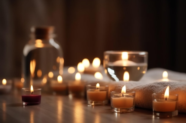 Velas y una botella de agua sobre una mesa.