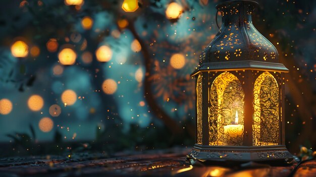 Las velas brillan en el paisaje islámico oscuro Ramadan Kareem