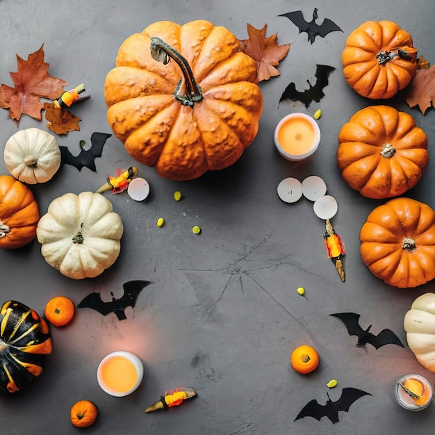 Velas de calabazas y divertidas arañas y murciélagos hechos a mano para la fiesta de Halloween Fondo festivo de Halloween