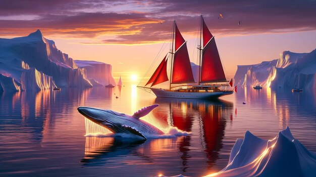 Las velas carmesí en medio de los icebergs Aventura en el Océano Ártico en Sunse Whale