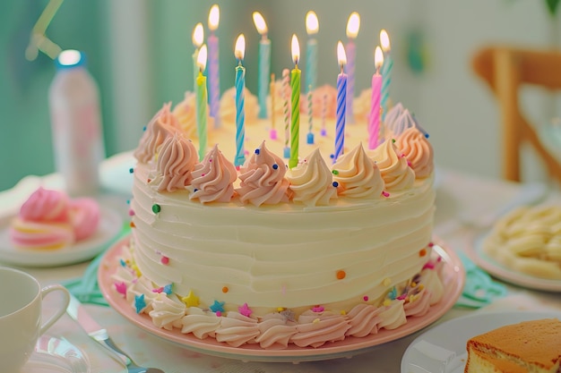 Las velas de colores adornan el pastel de cumpleaños para la celebración