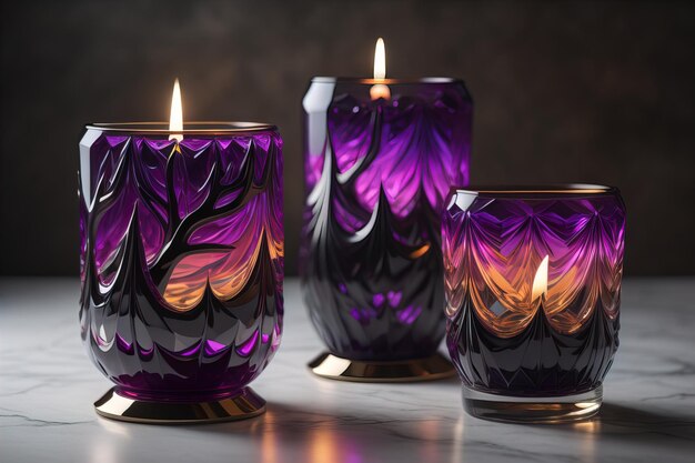 Velas de colores en vidrio en una mesa de madera de primer plano