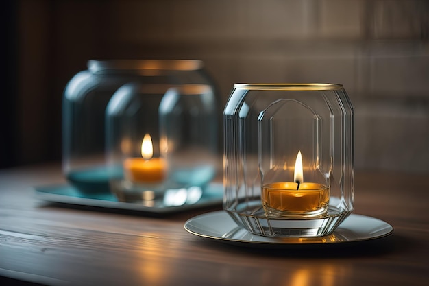 Foto velas de colores en vidrio en una mesa de madera de primer plano