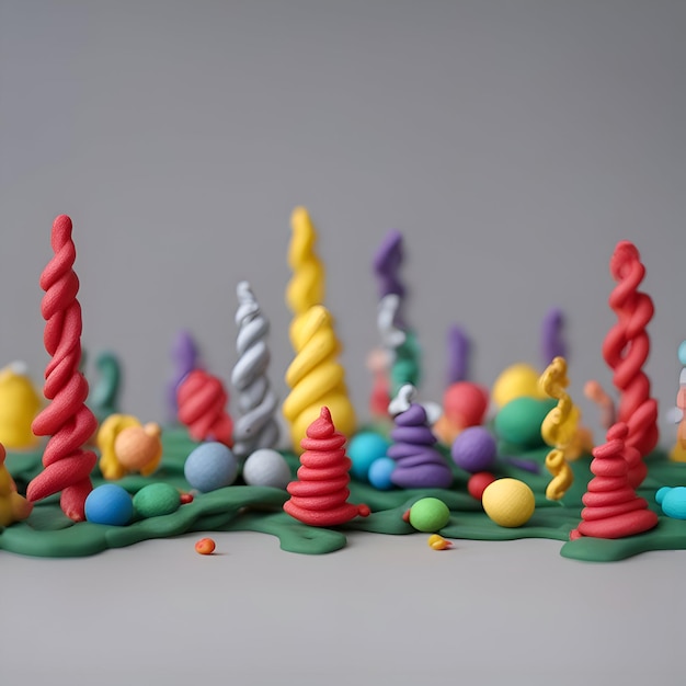 Velas coloridas de aniversário e doces em fundo cinza renderização em 3d
