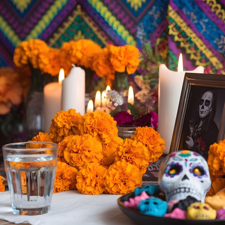 Foto velas com crânio com flores de margarida dia dos mortos 1