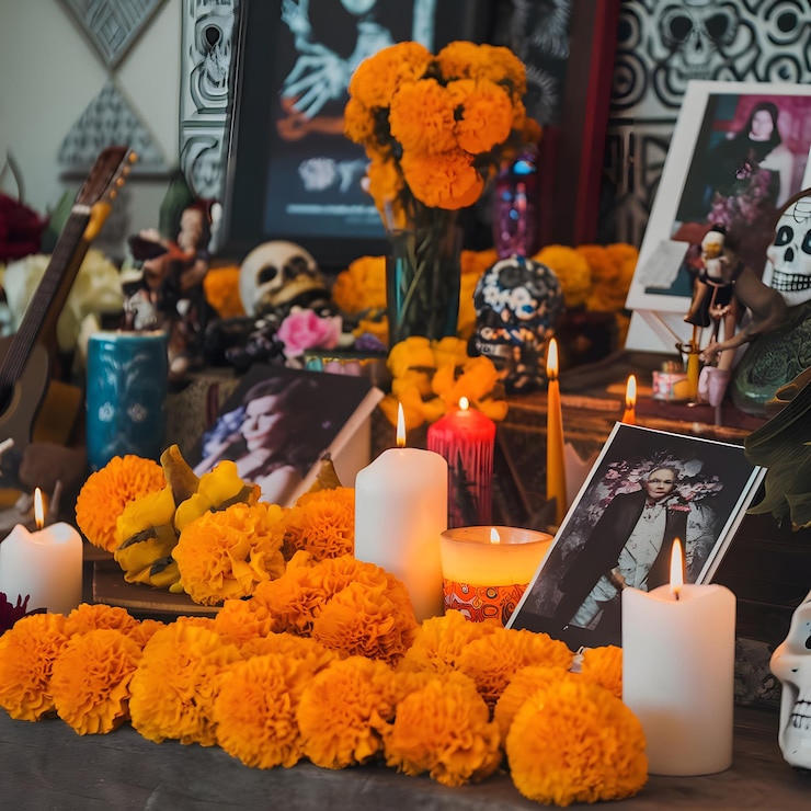 Foto velas com crânio com flores de margarida dia dos mortos 1
