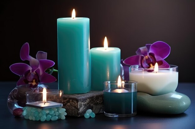 Velas com orquídeas e orquídeas ao fundo