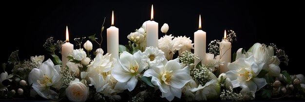 velas de casamento brancas com buquê de flores frescas em um fundo preto