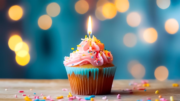 Velas de cupcake de aniversário sentadas sobre a mesa rosa no estilo de bokeh rosa claro e laranja