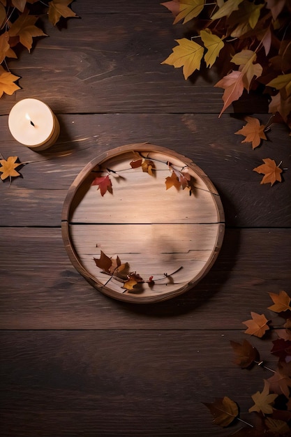 Velas de fundo de madeira e folhas de outono modelo de banner fundo de maquete