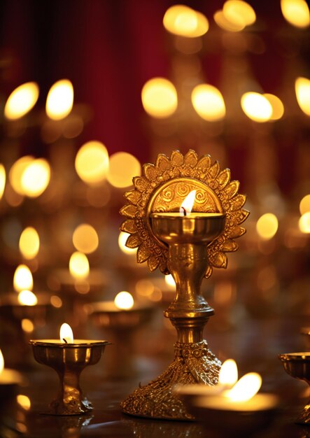 Velas de latão acesas para Diwali, o festival da luz