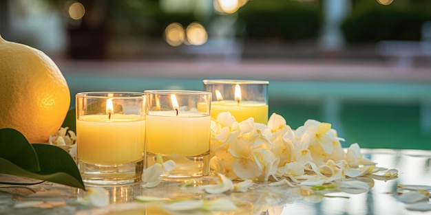 Velas de limão à beira da piscina humor romântico foto de alta qualidade ia generativa