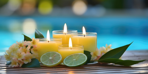 Velas de limão à beira da piscina Humor romântico Foto de alta qualidade IA generativa