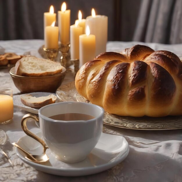 Velas de mesa da véspera de Shabbat e copo de vinho com pão de challah coberto