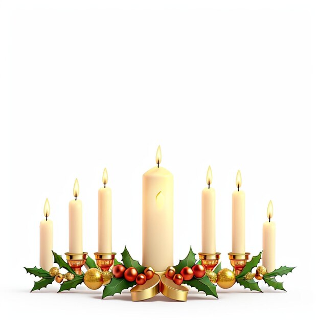 Velas de Natal com azeite e bagas em um fundo branco