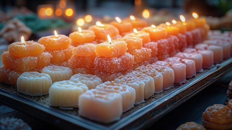 Las velas decorativas de colores apiladas en bandejas con golosinas encendidas por la noche