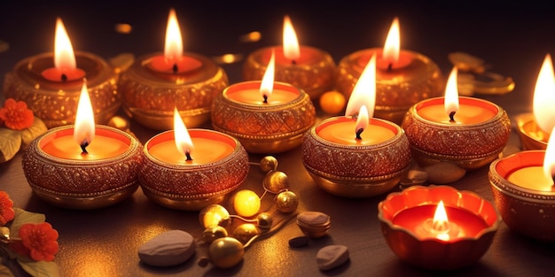 Velas de Diwali adornadas con flores y adornos dorados.